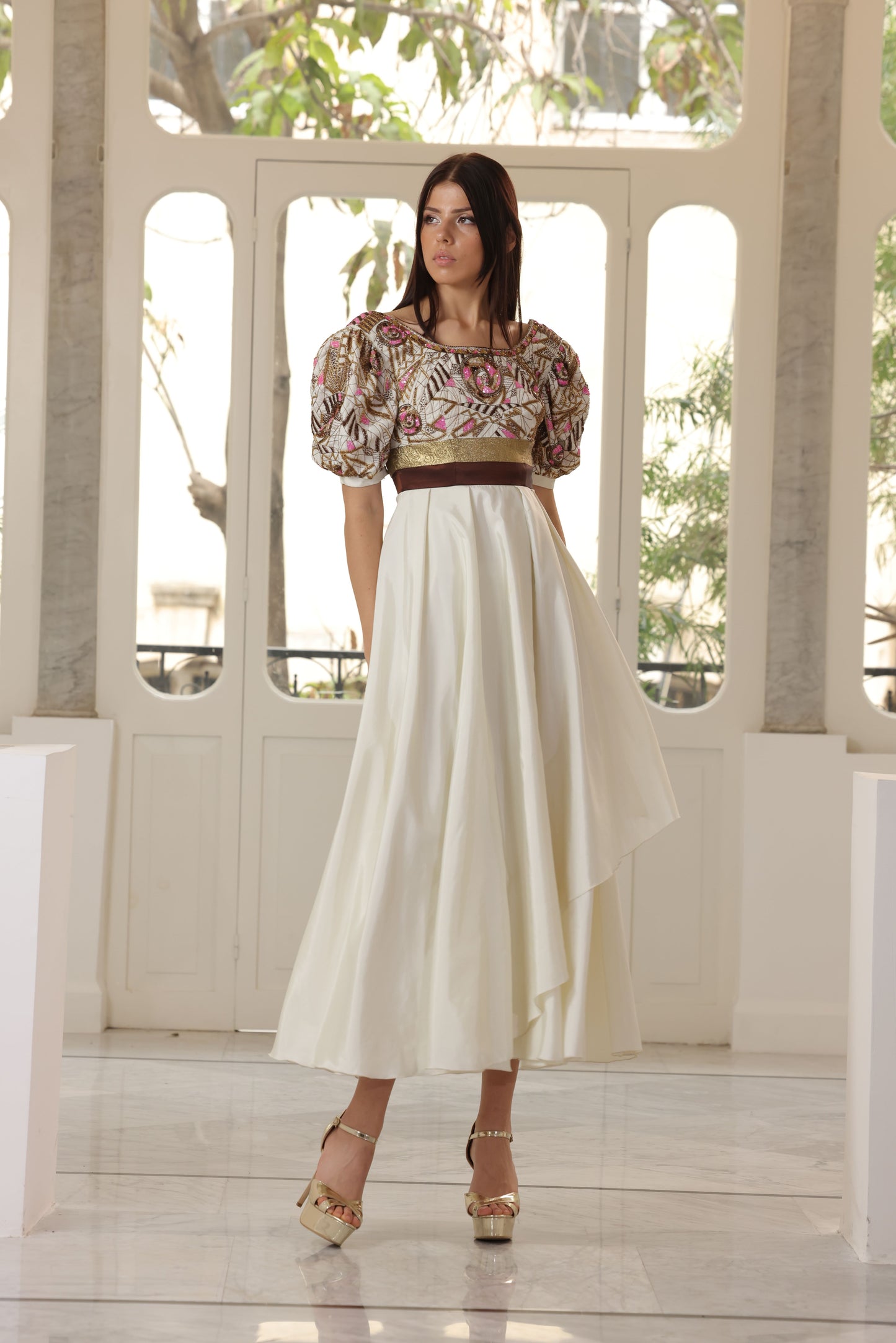 Off-White Taffeta Embroidered Dress