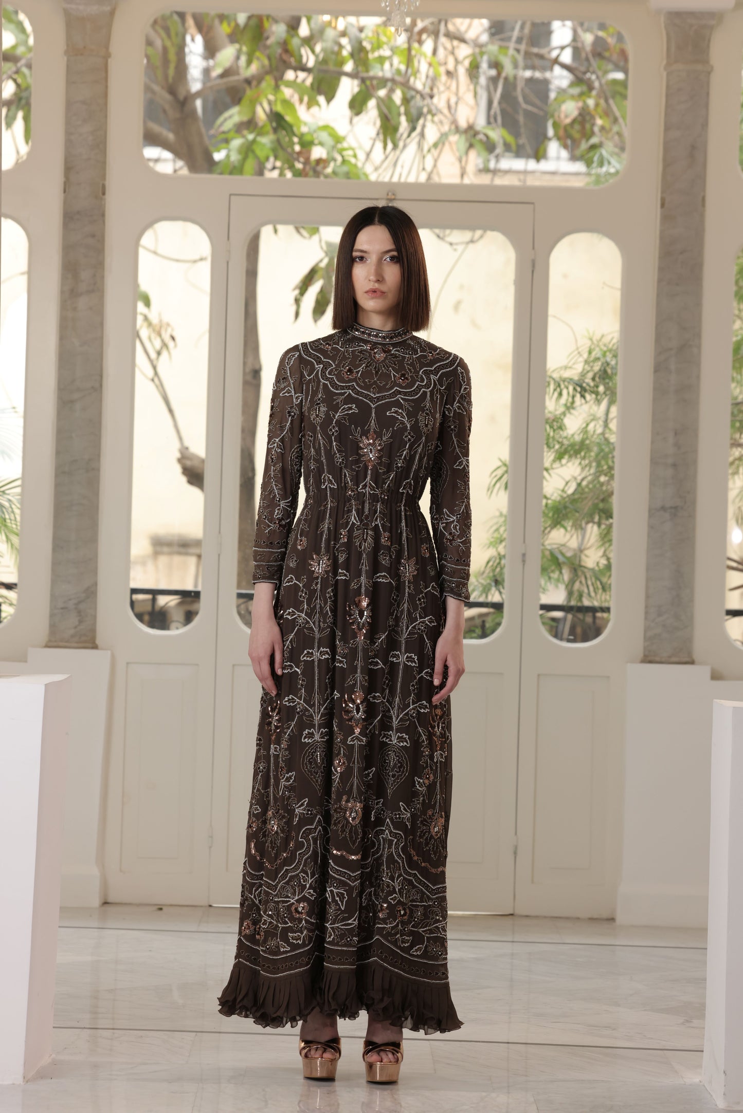 Embroidered Dark Brown Georgette Gown