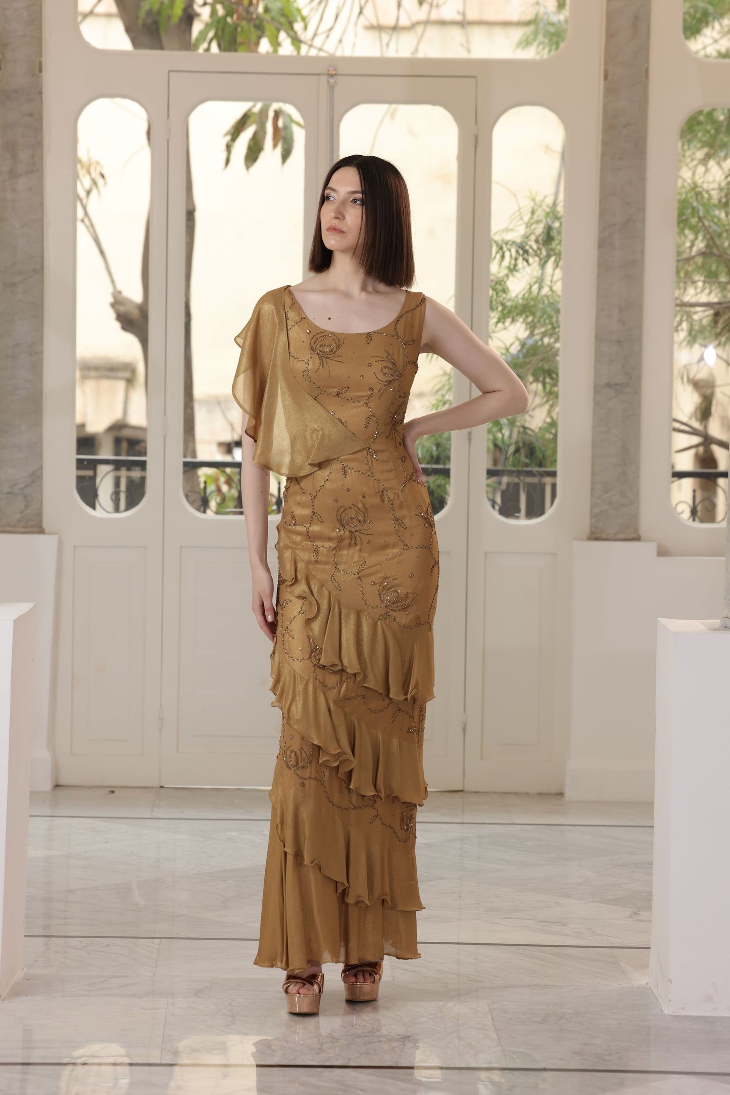 Silk Bronze Embroidered Muslin Gown