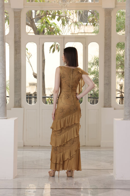 Silk Bronze Embroidered Muslin Gown