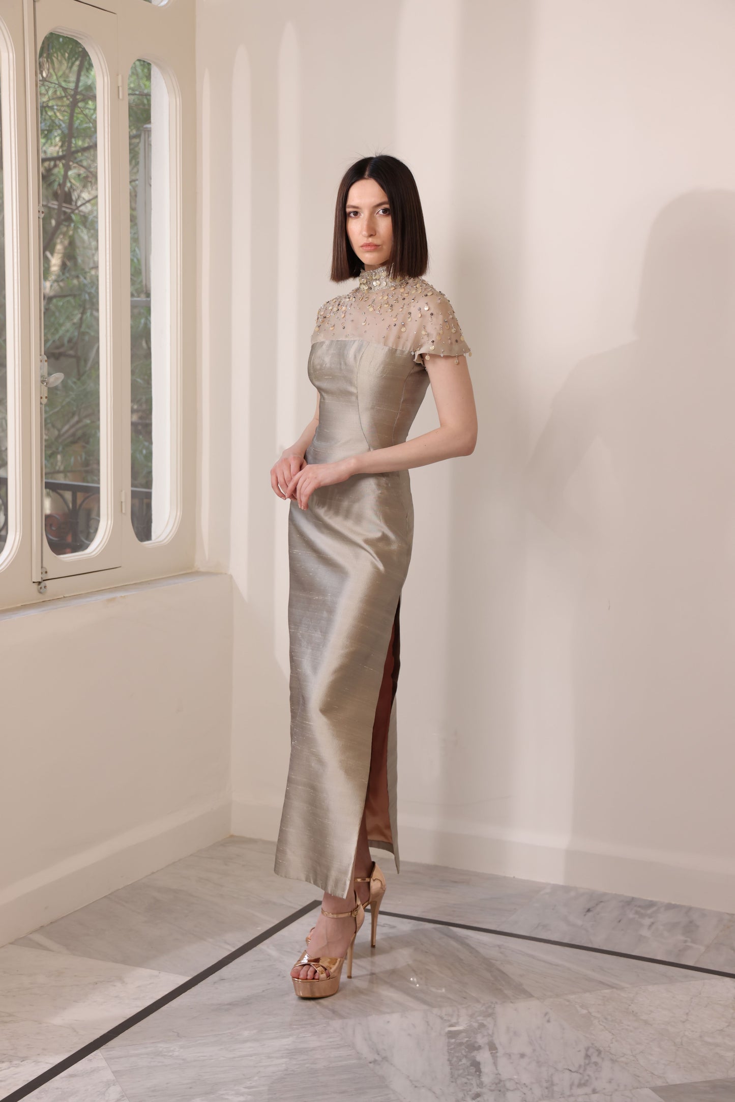 Silver Shantung Embroidered Dress