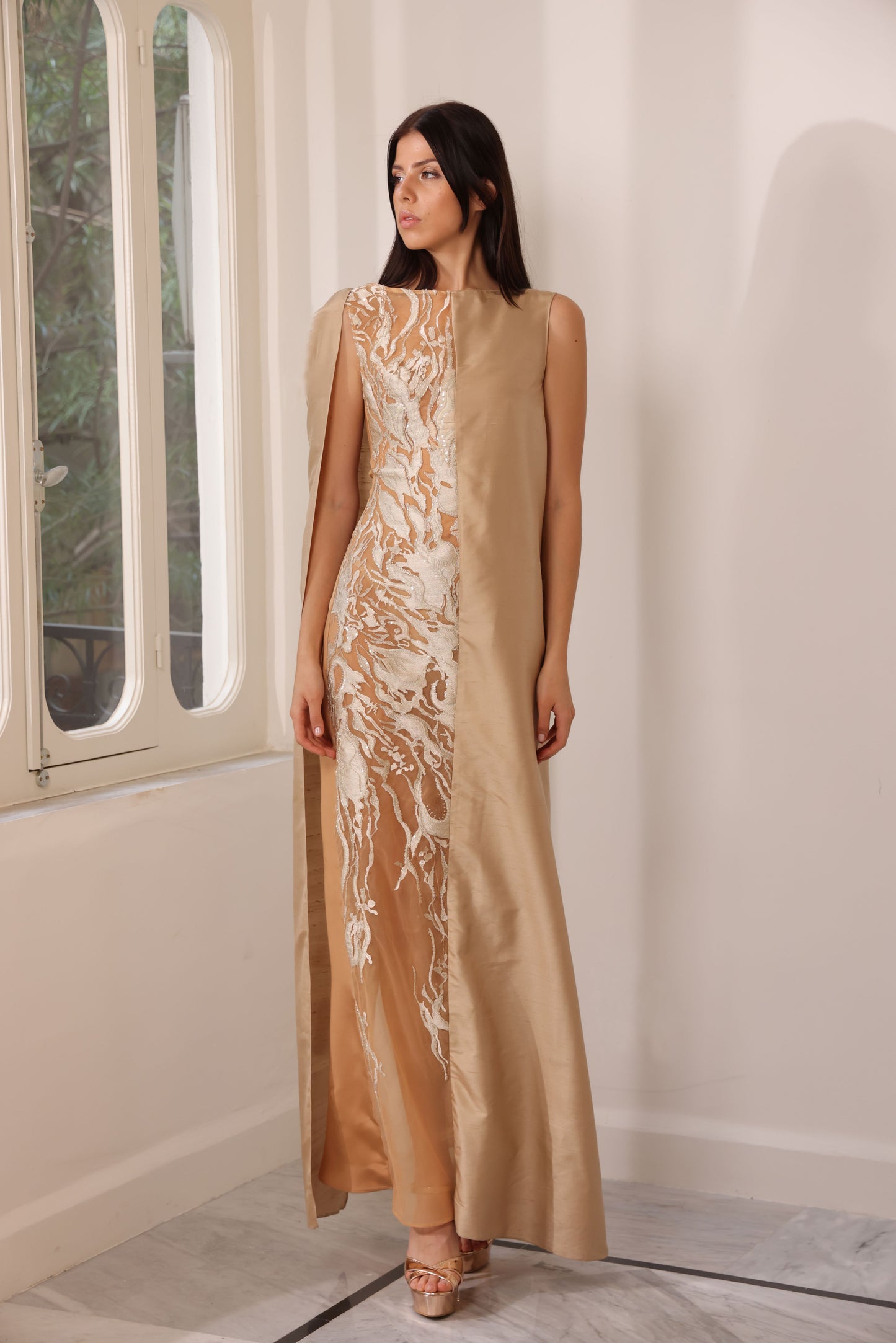 Tulle and Bronze Silk Shantung Gown