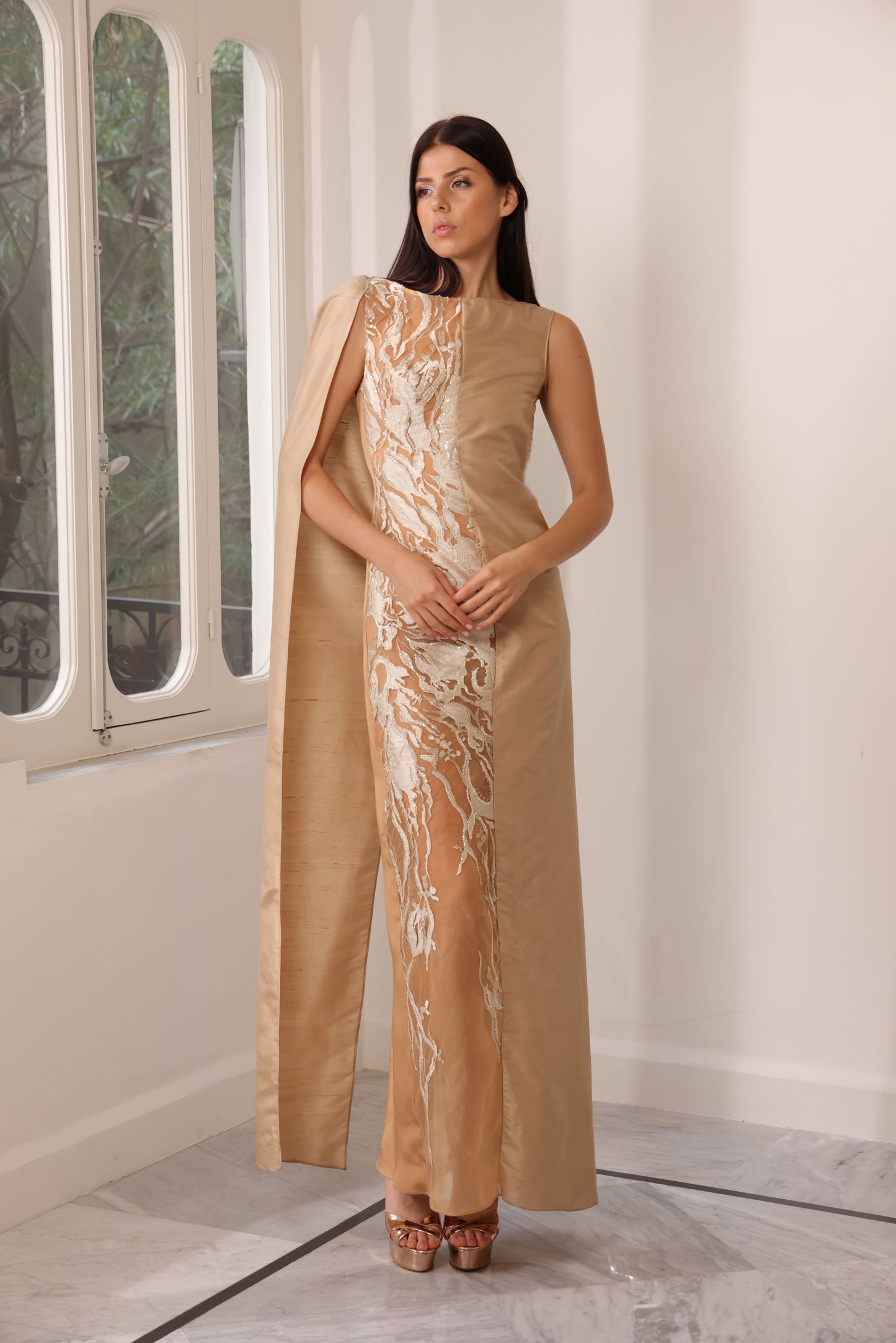 Tulle and Bronze Silk Shantung Gown