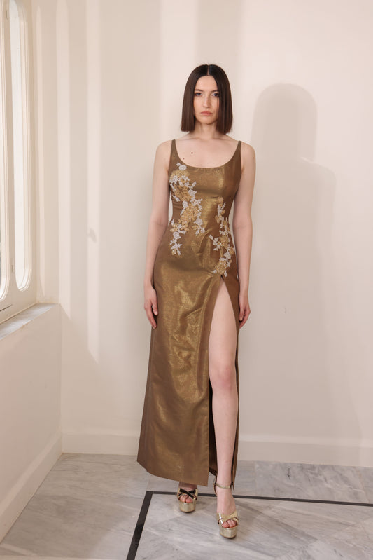 Bronze Shantung Gown with Lace
