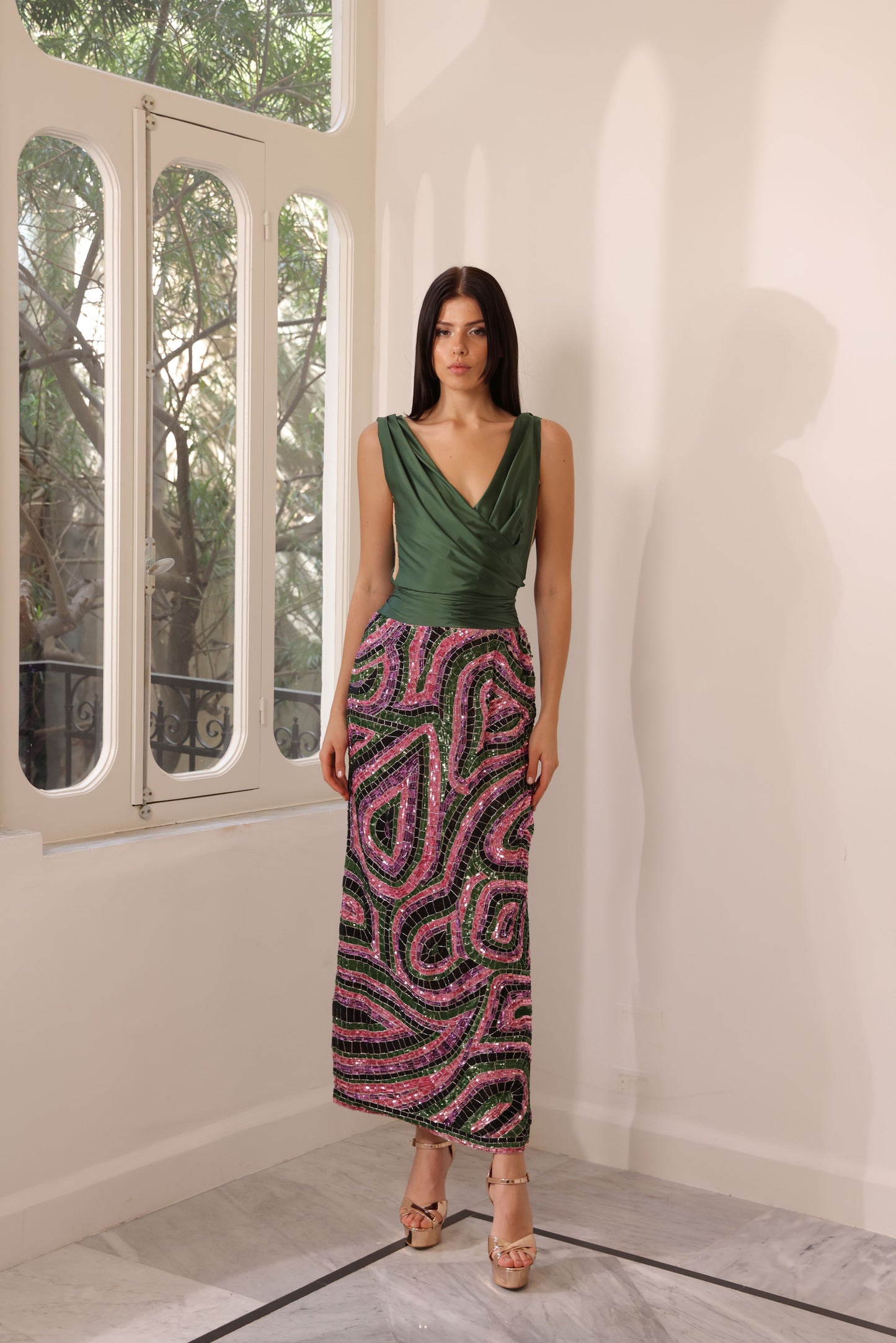 Green Satin Embroidered Gown