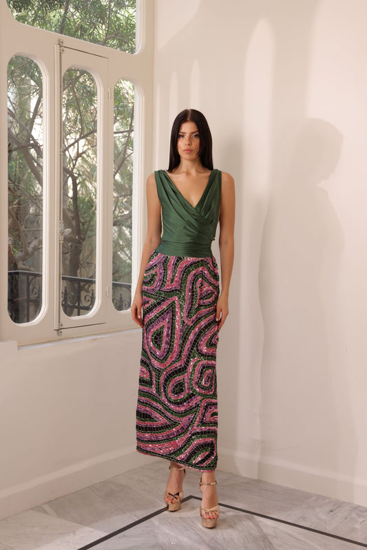 Green Satin Embroidered Gown