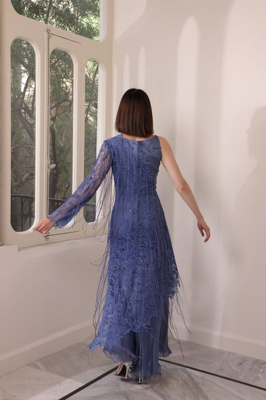 Silk Muslin Blue and Lace Gown