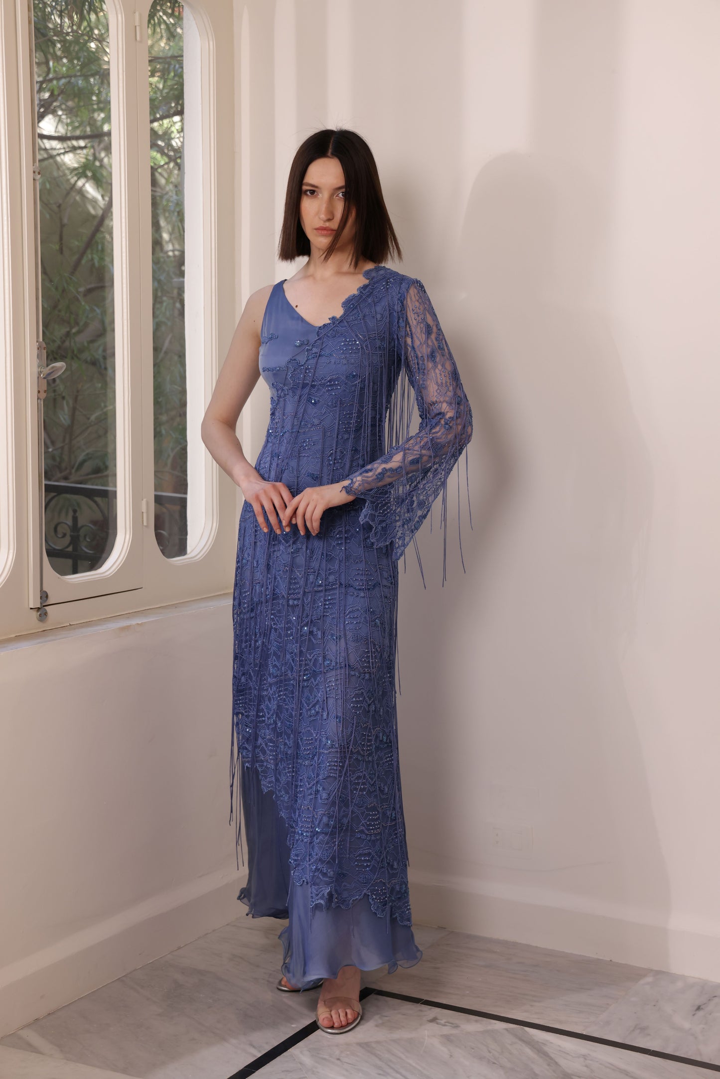 Silk Muslin Blue and Lace Gown