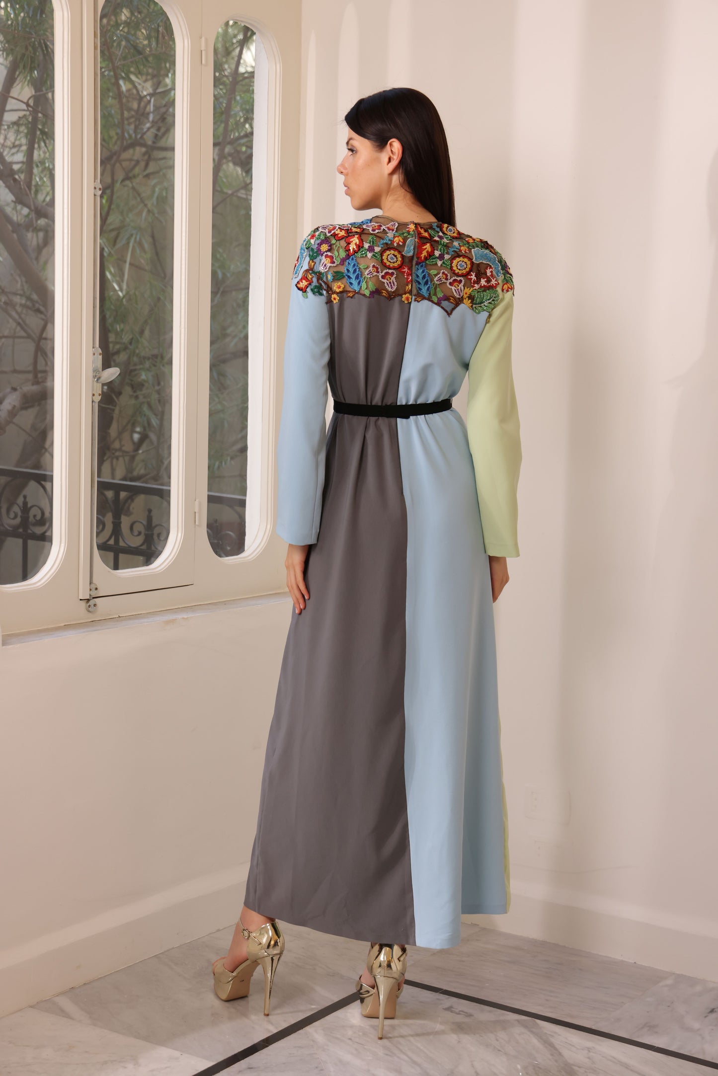 Patchwork Crepe Embroidered Dress