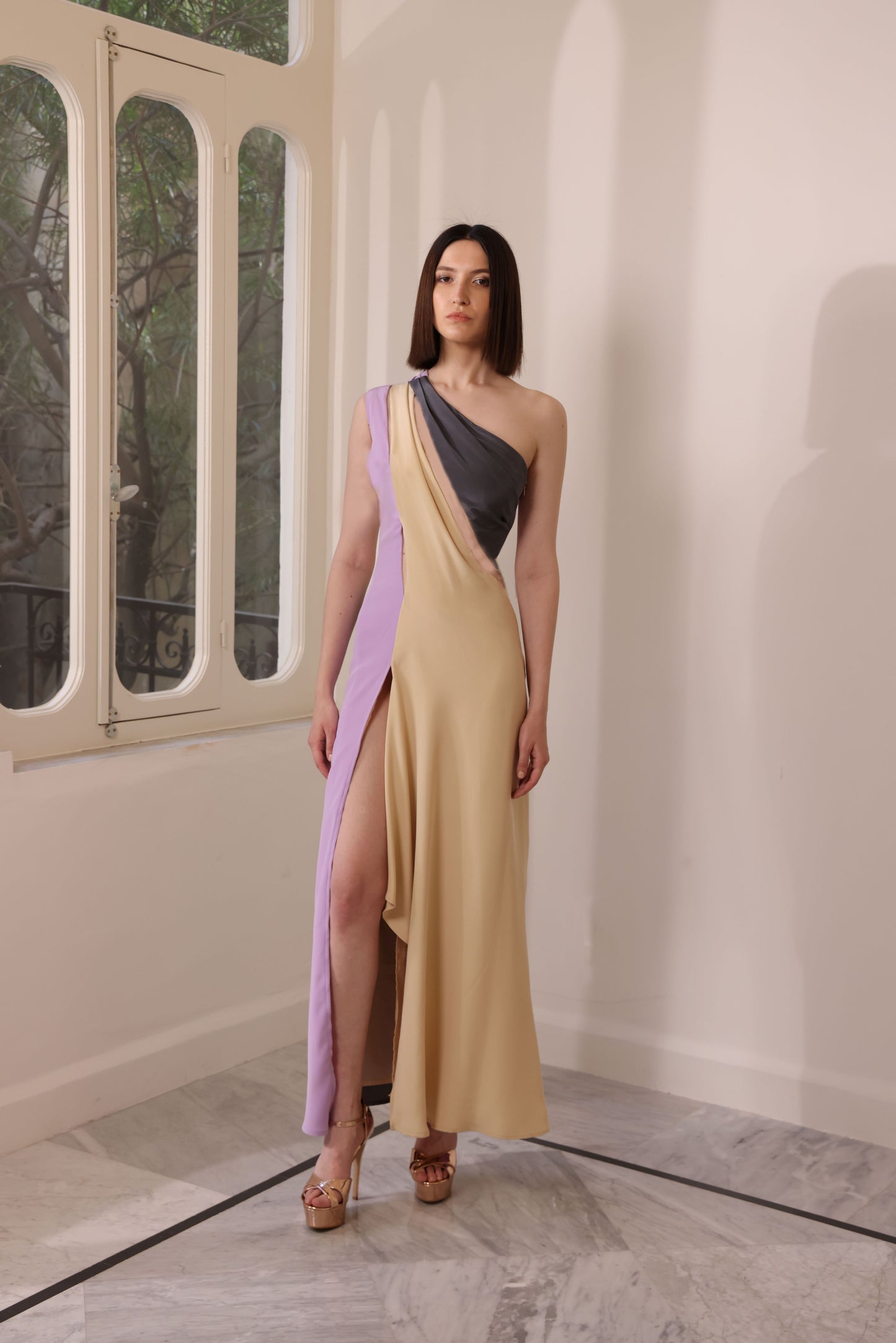 Patchwork Crepe and Tulle Gown