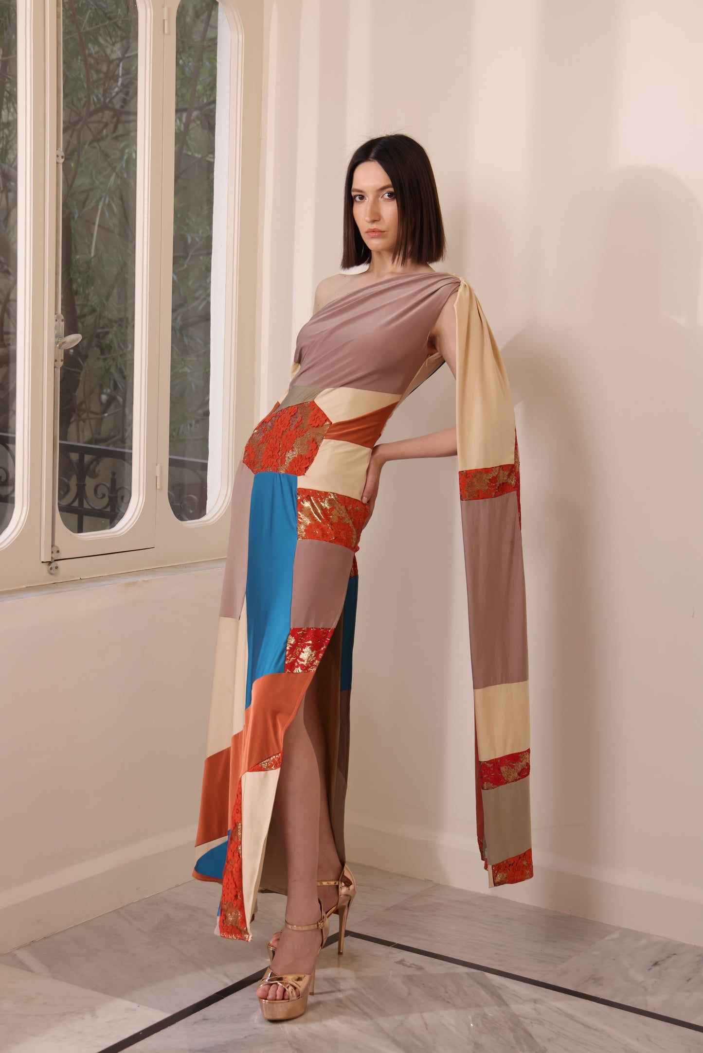 Patchwork Silk Jersey Off-Shoulder Gown