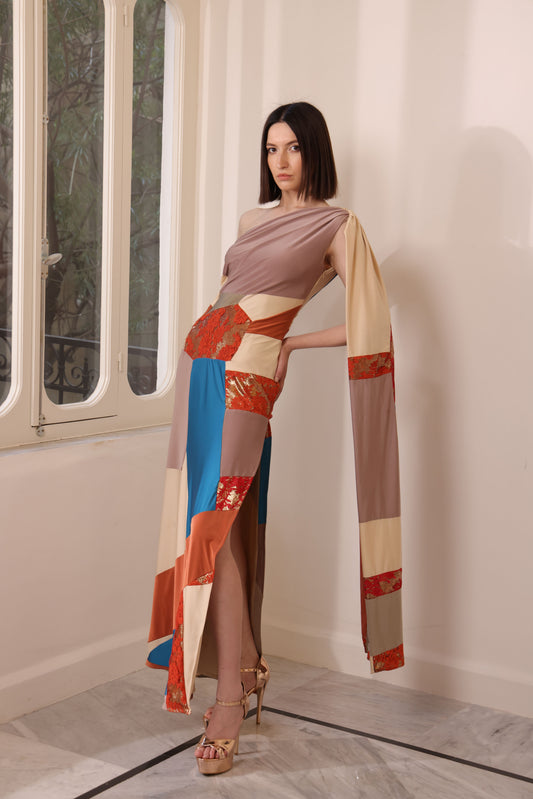 Patchwork Silk Jersey Off-Shoulder Gown