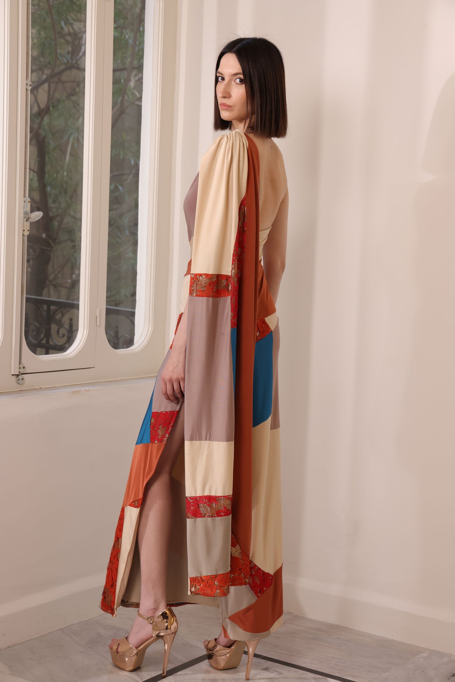 Patchwork Silk Jersey Off-Shoulder Gown