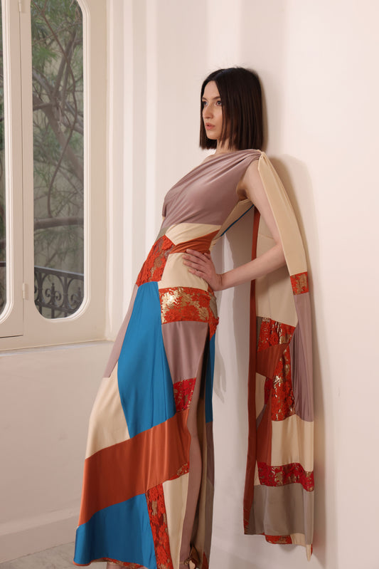 Patchwork Silk Jersey Off-Shoulder Gown