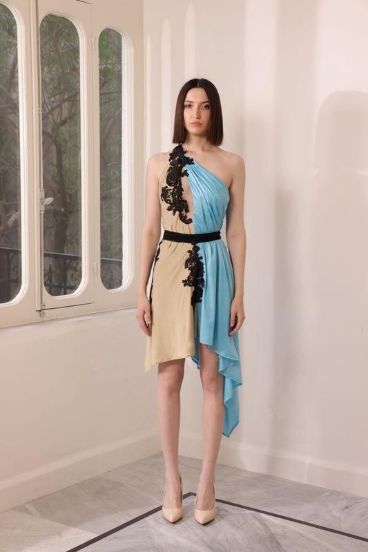 Asymmetric Two Tone Silk Jersey Dress