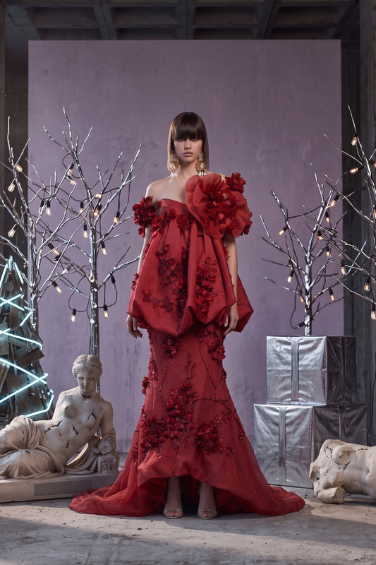 Floral Bubble Peplum Gown