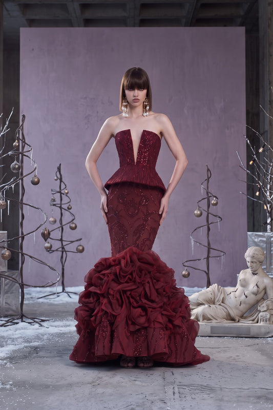 Strapless Peplum Mermaid Gown