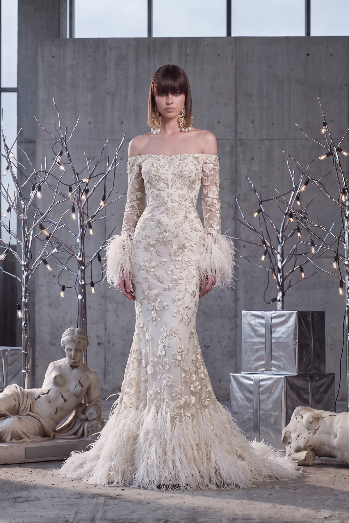 Embroidered Feather Cuff Gown