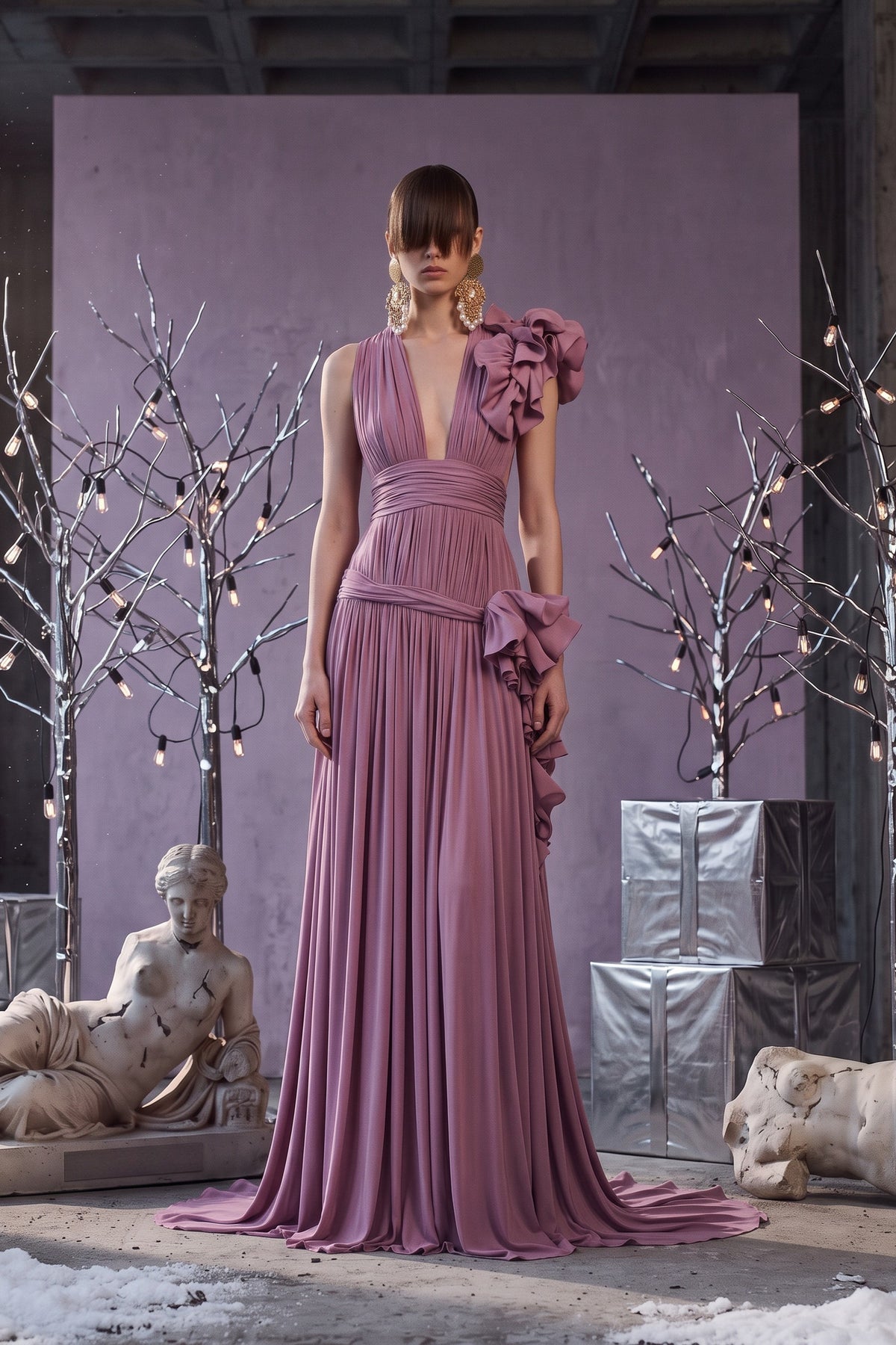 Plunging Draped Ruffle Gown