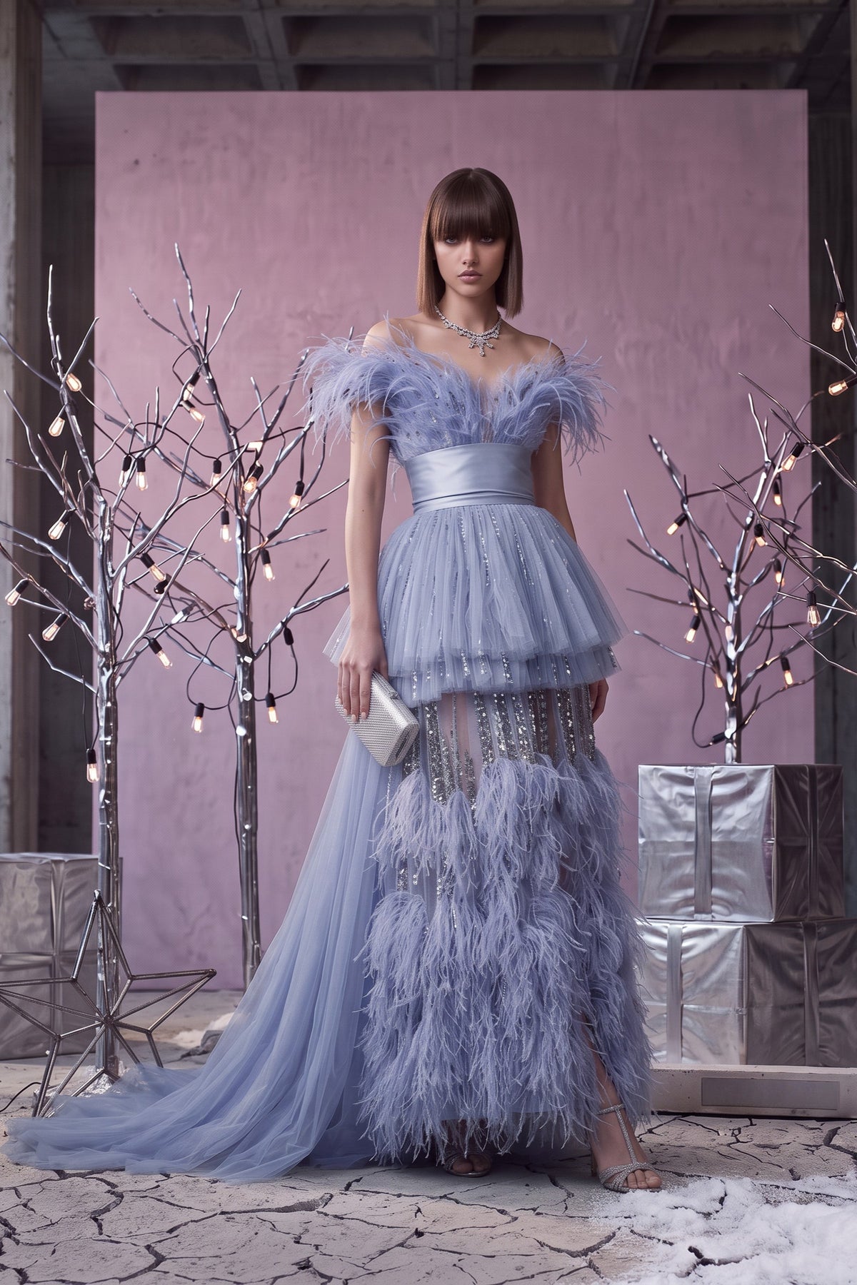 Feathered Tiered Tulle Gown