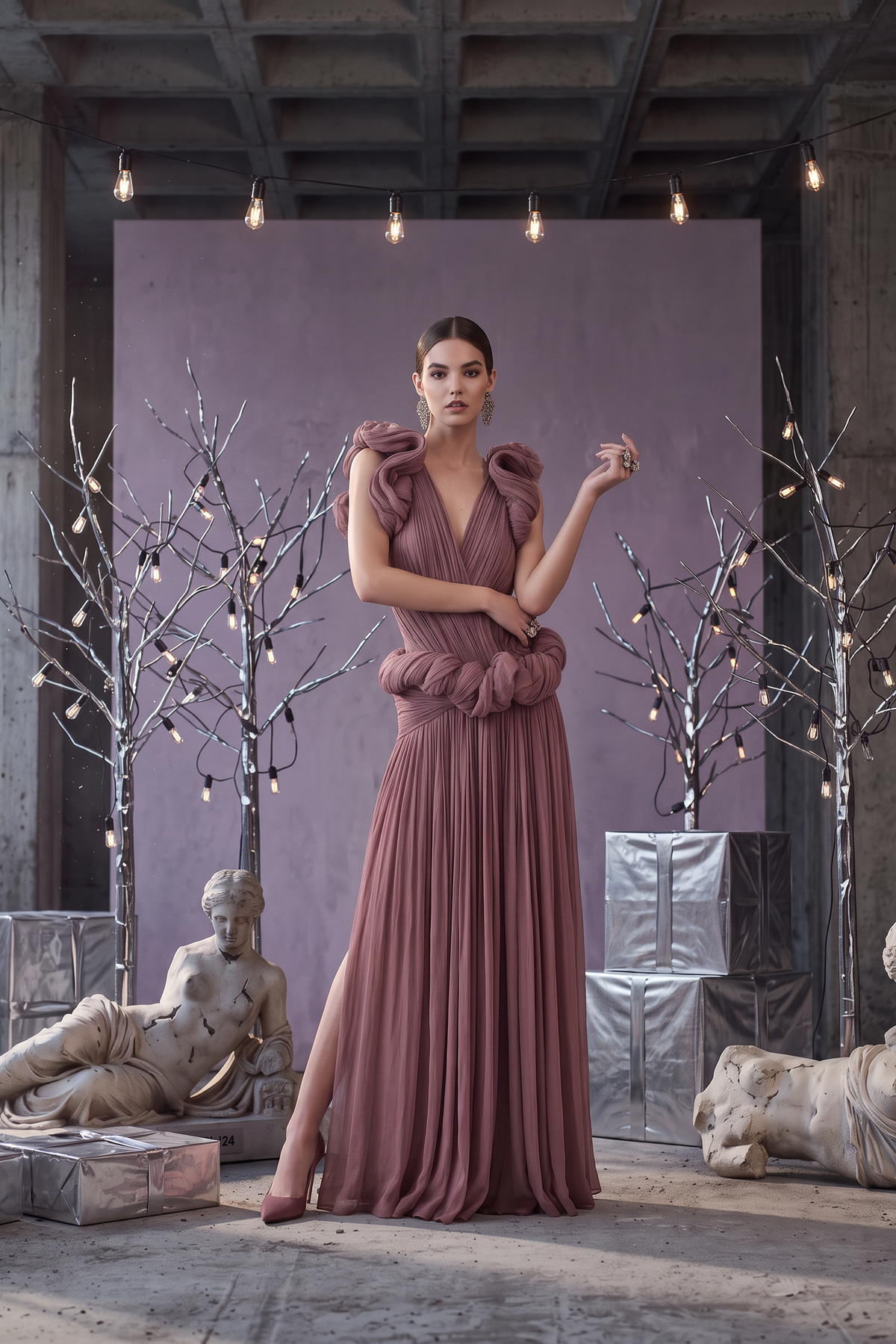 Pleated Ruffle-Trim Gown