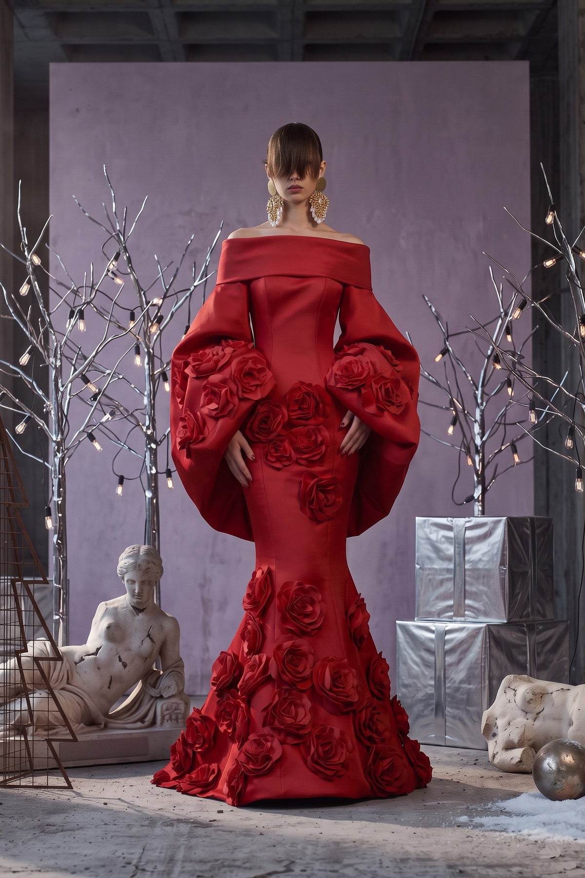 Rose Balloon-Sleeve Gown