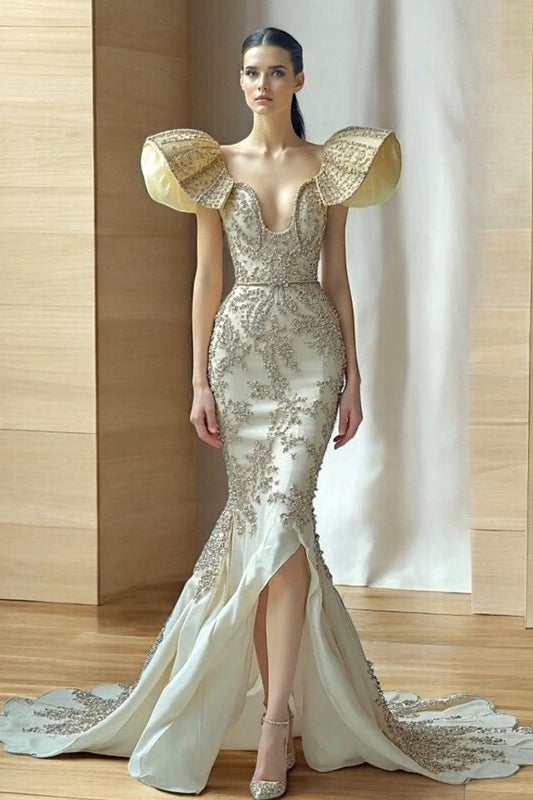 Sculpted Sleeve Slit Gown