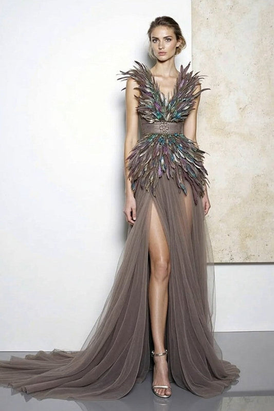 Feathered Peplum Slit Gown