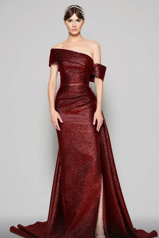 Off Shoulder Draped Slit Gown