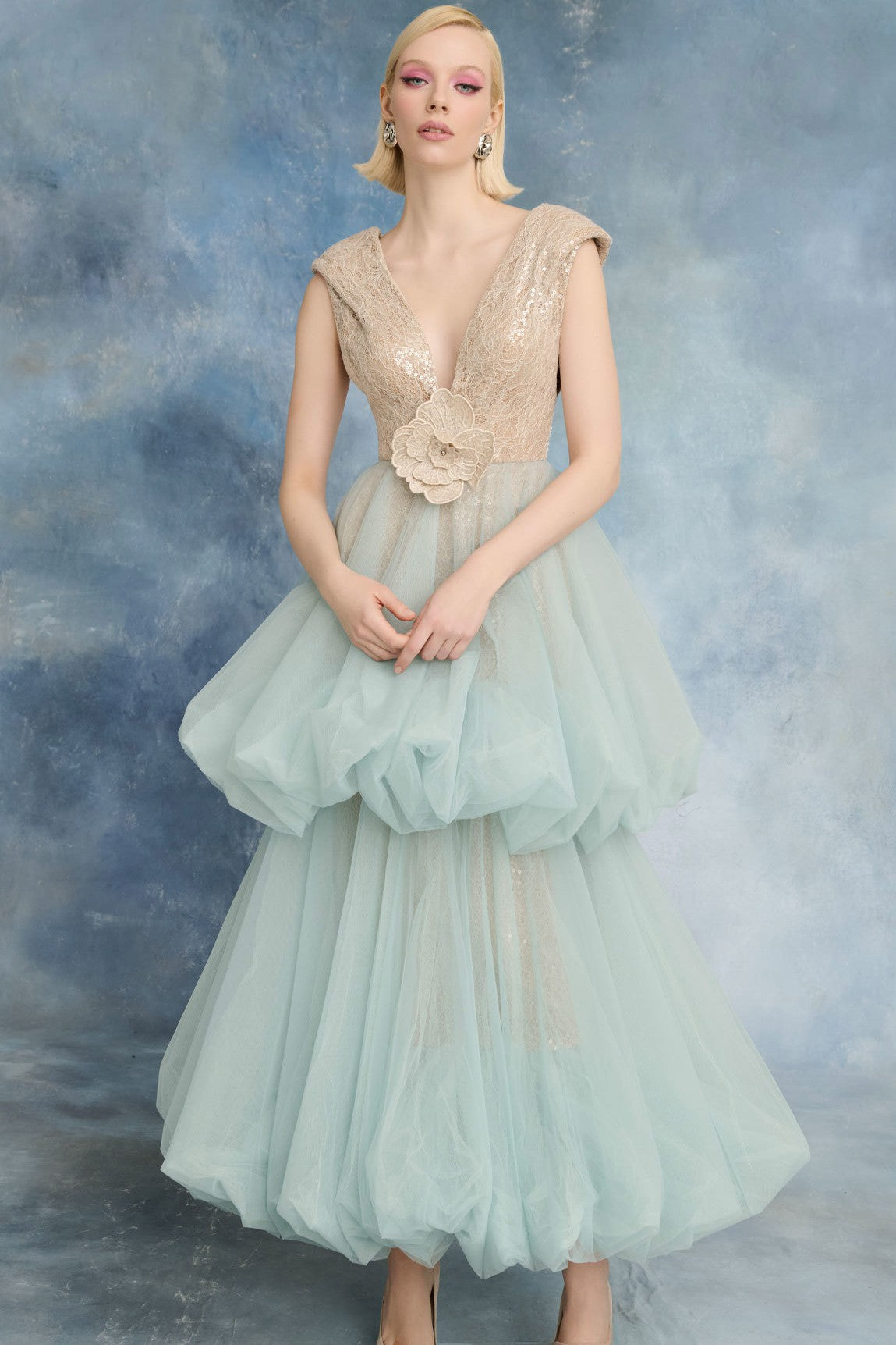 Sequin Lace Tiered Cap Sleeve A-Line Gown