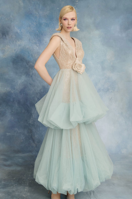 Sequin Lace Tiered Cap Sleeve A-Line Gown