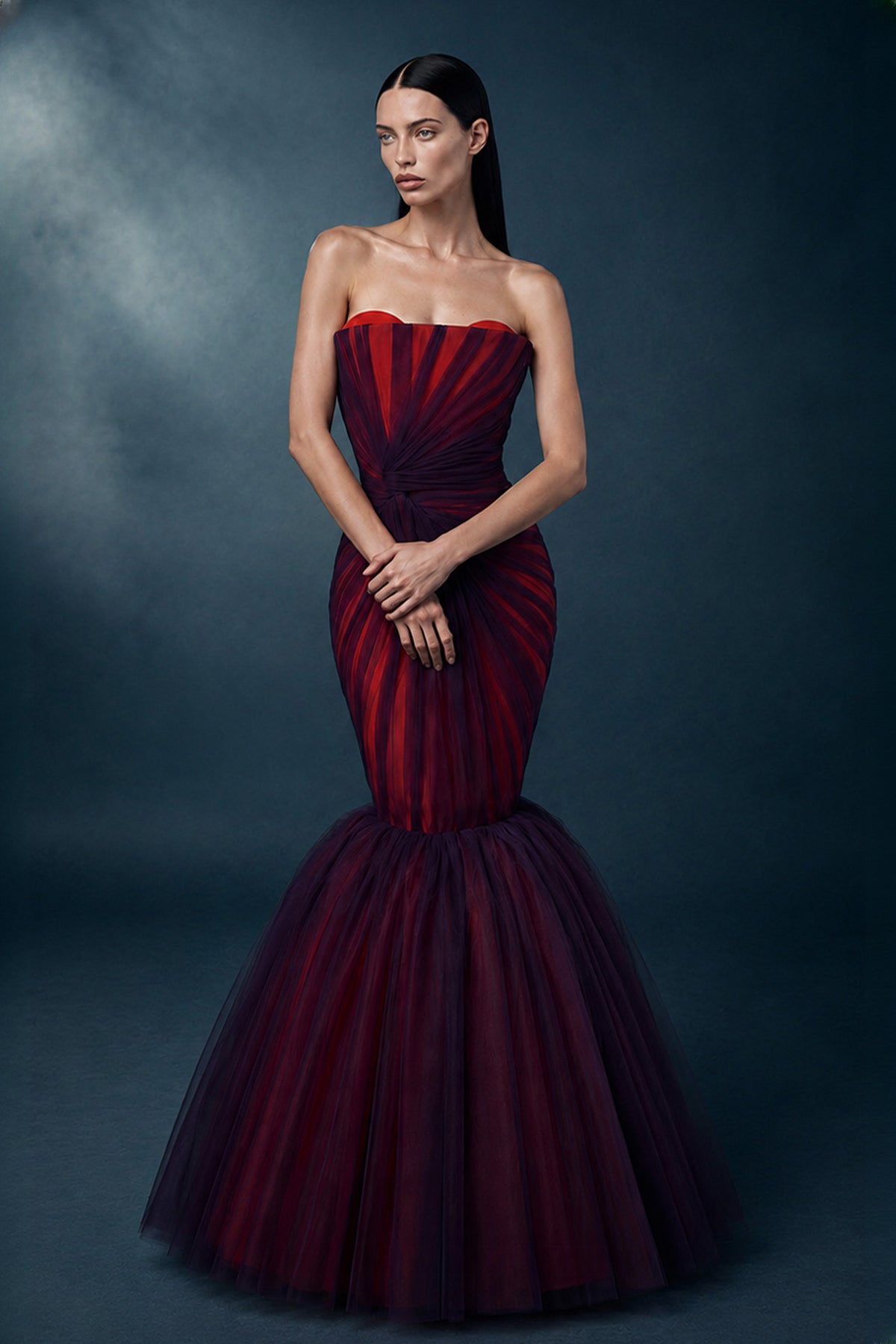 Fan-Pleated Tulle Mermaid Gown