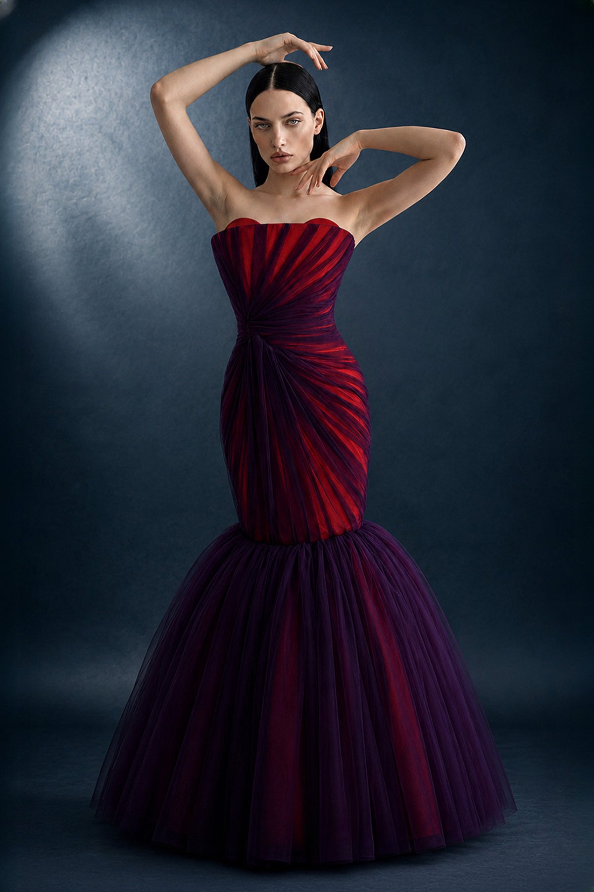 Fan-Pleated Tulle Mermaid Gown