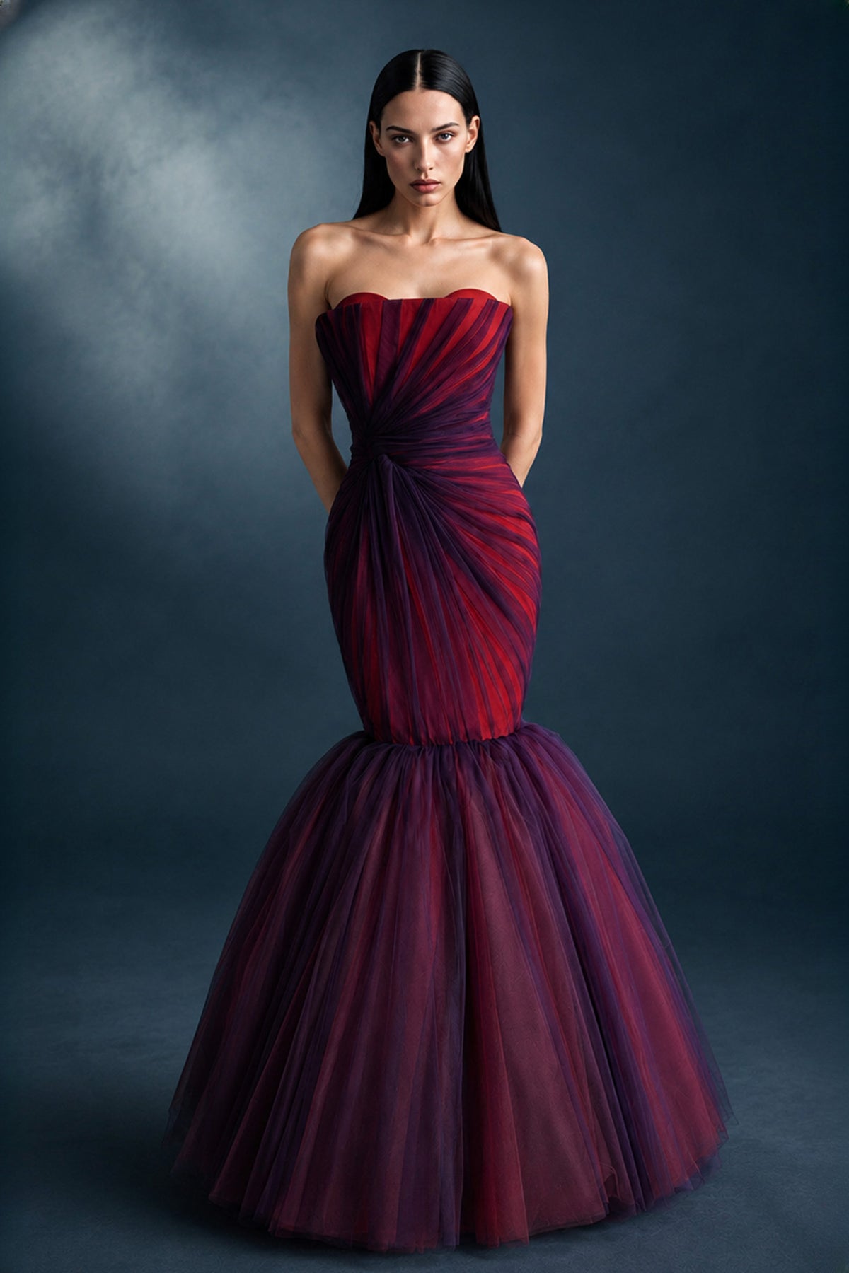 Fan-Pleated Tulle Mermaid Gown