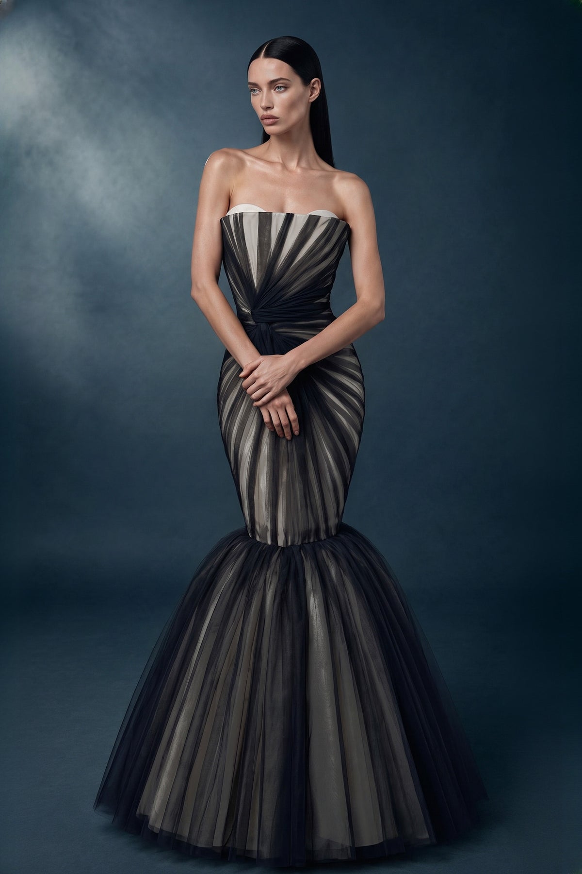 Fan-Pleated Tulle Mermaid Gown