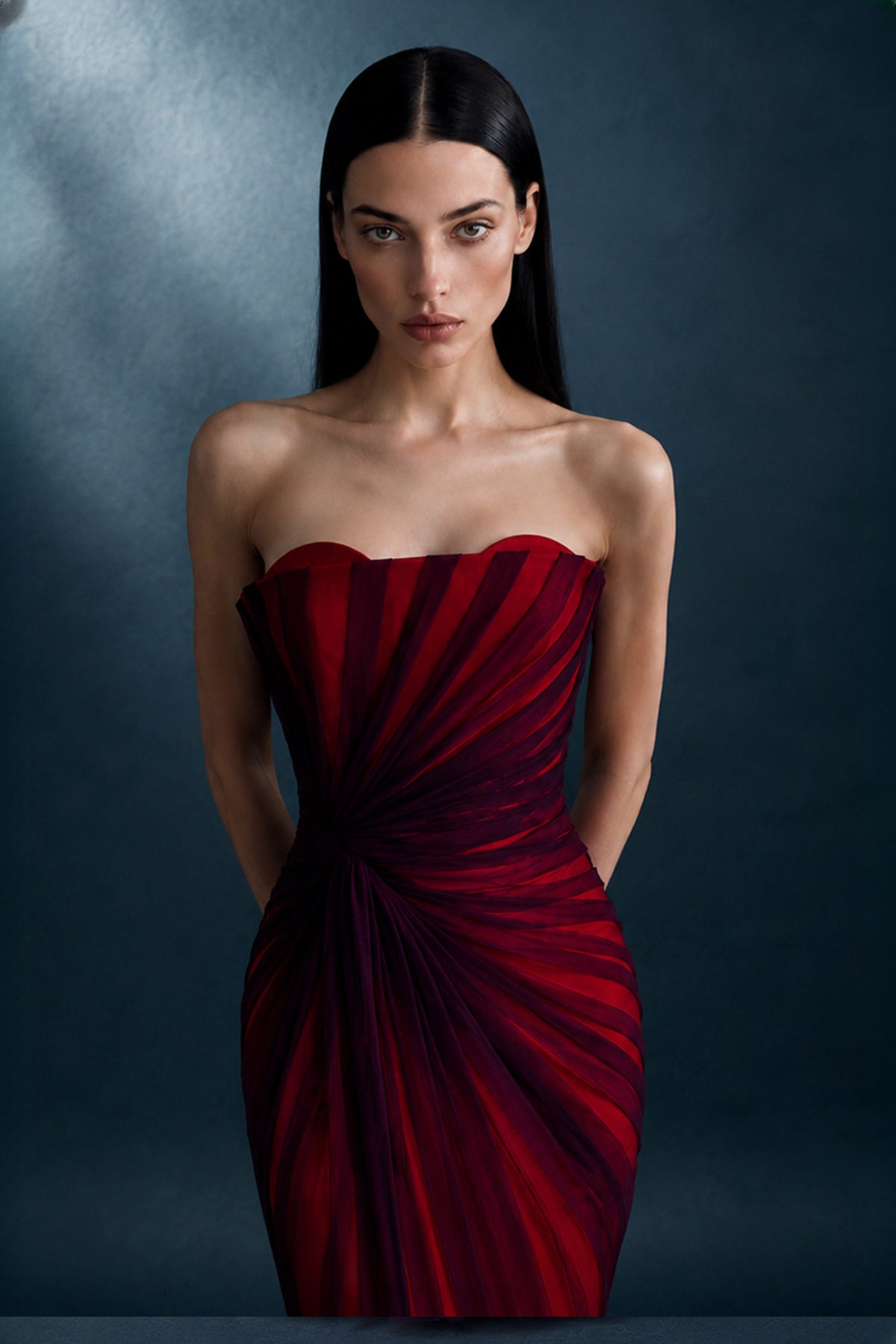 Fan-Pleated Tulle Mermaid Gown