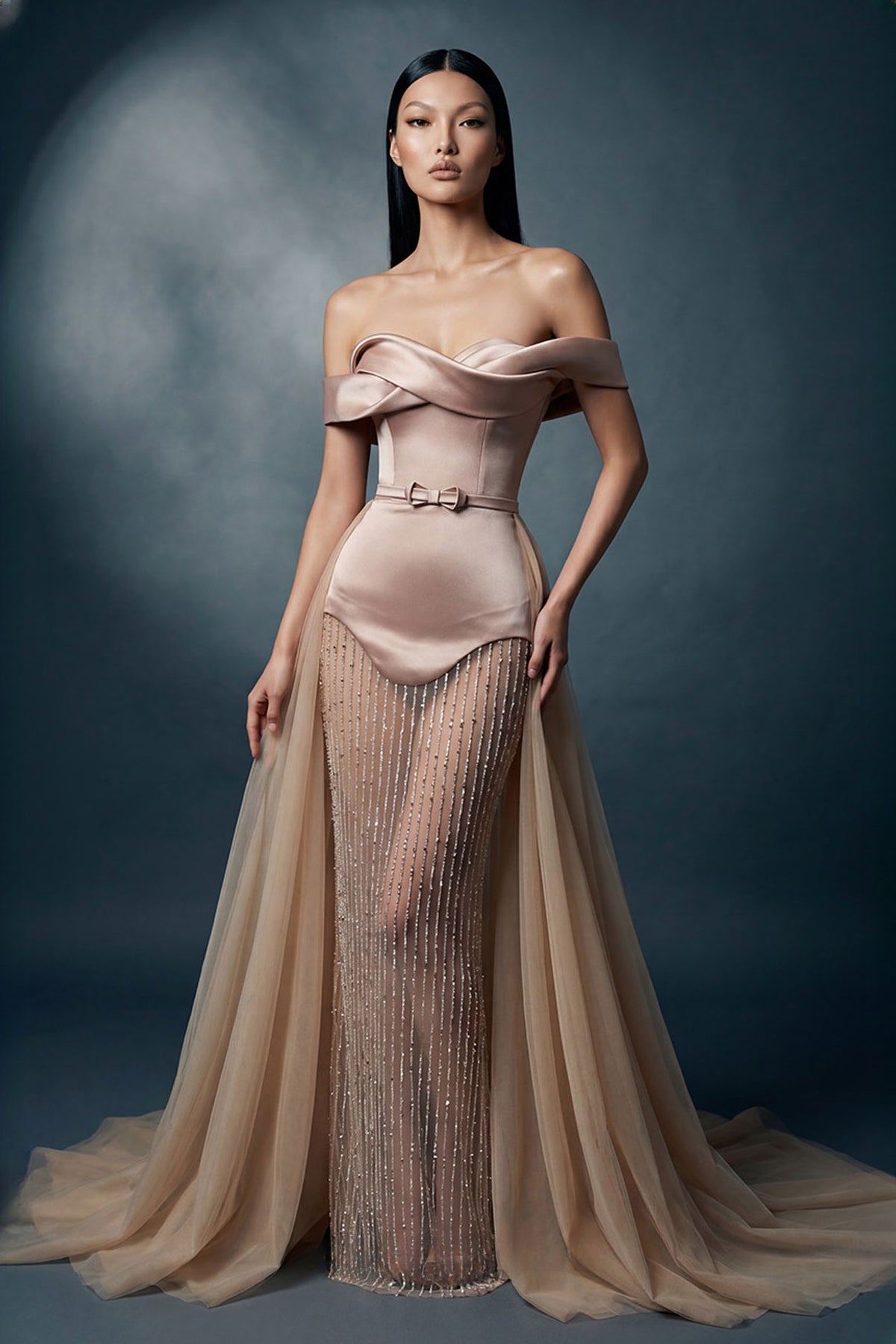 Off-Shoulder Crystal Strand Gown