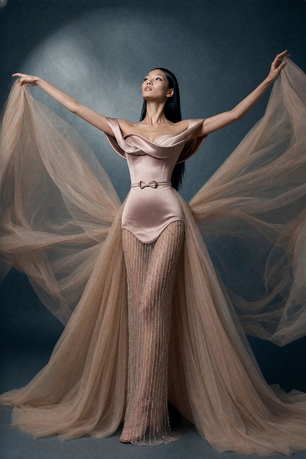 Off-Shoulder Crystal Strand Gown