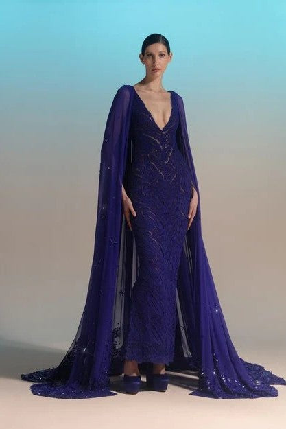 Embroidered Gown with Beaded Cape