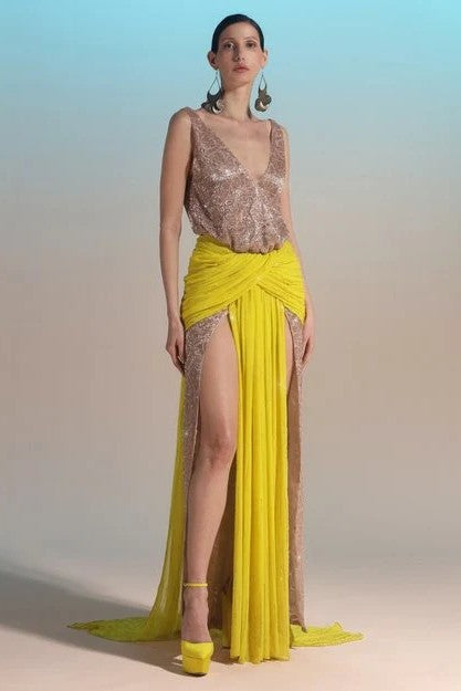 Fully Beaded Draped Gown