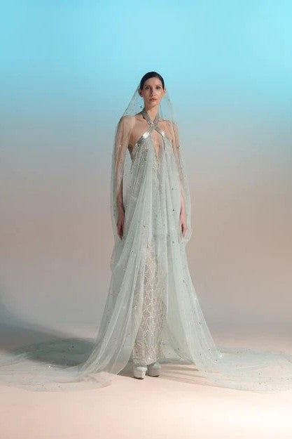 Halter-Neck Sheer Cape Gown