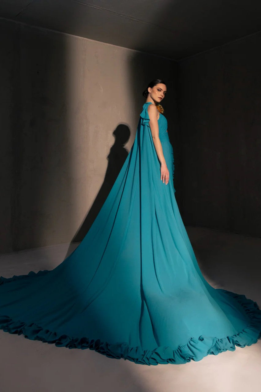 Ruffled Cape Sleeve Gown