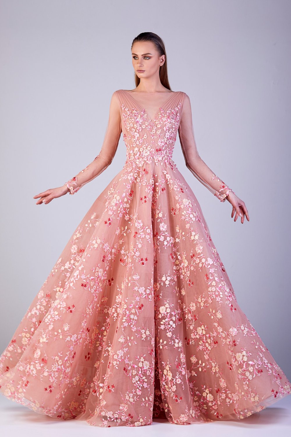 Long Sleeve Embellished Gown