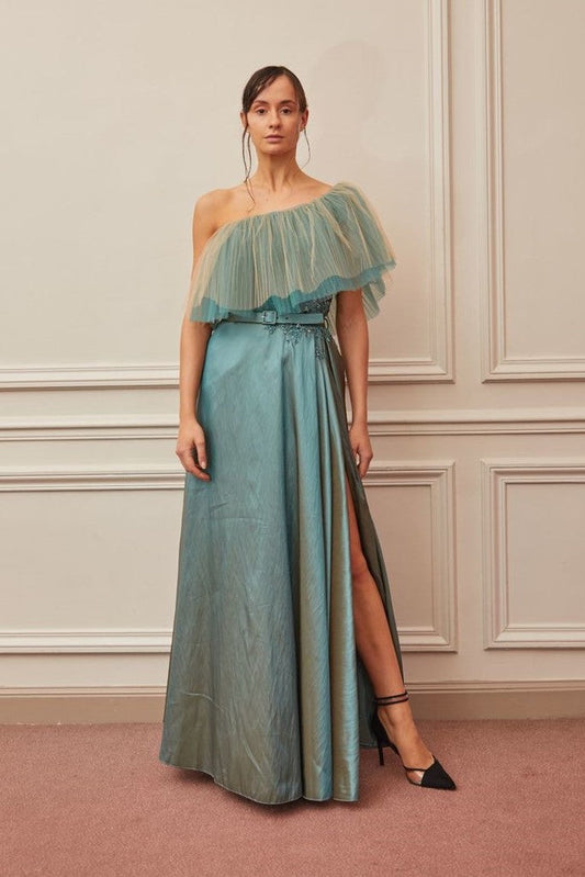 Ruffled One Shoulder Belted Slit Gown