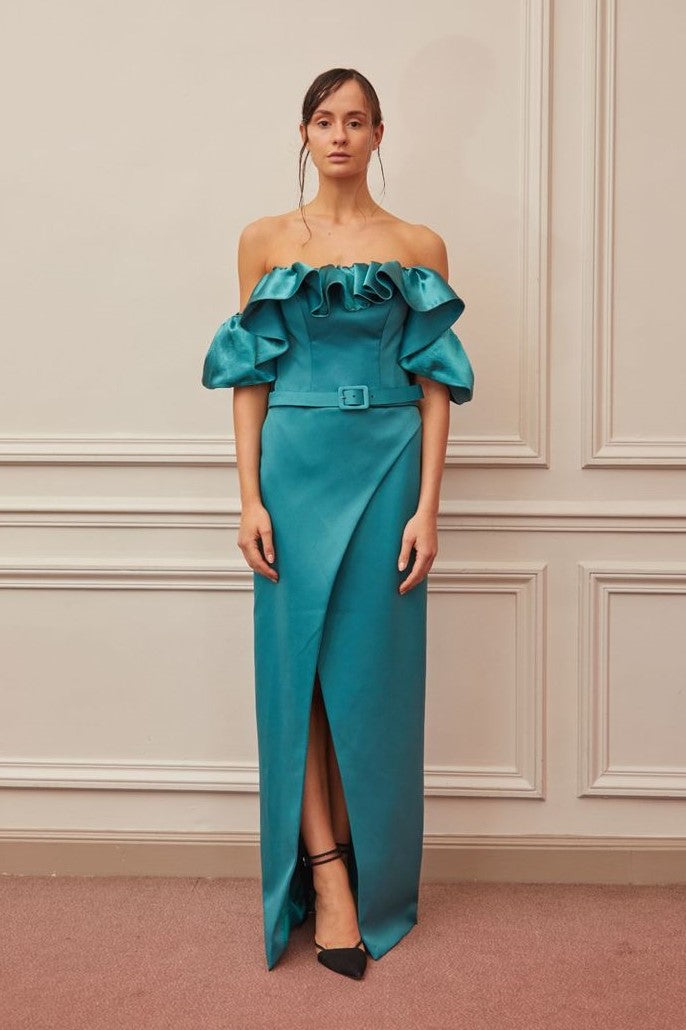 Ruffled Sleeve Slit Gown
