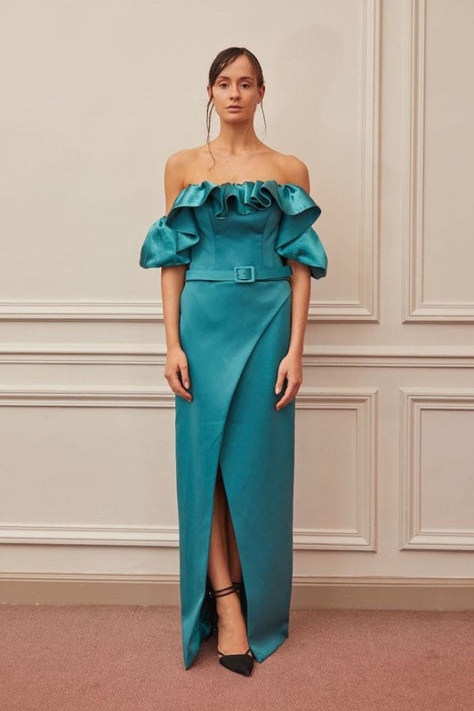 Ruffled Sleeve Slit Gown