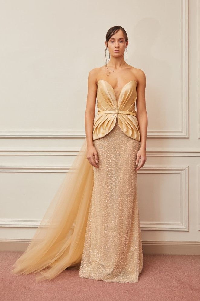 Strapless Peplum Column Gown