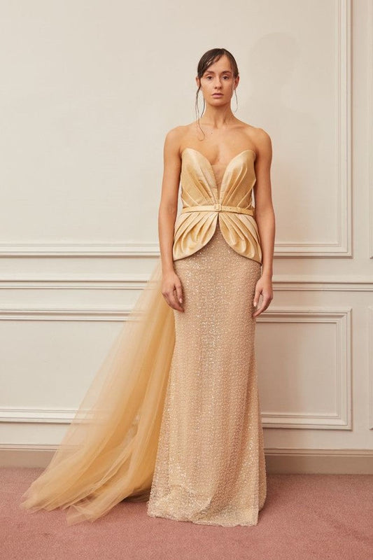 Strapless Peplum Column Gown