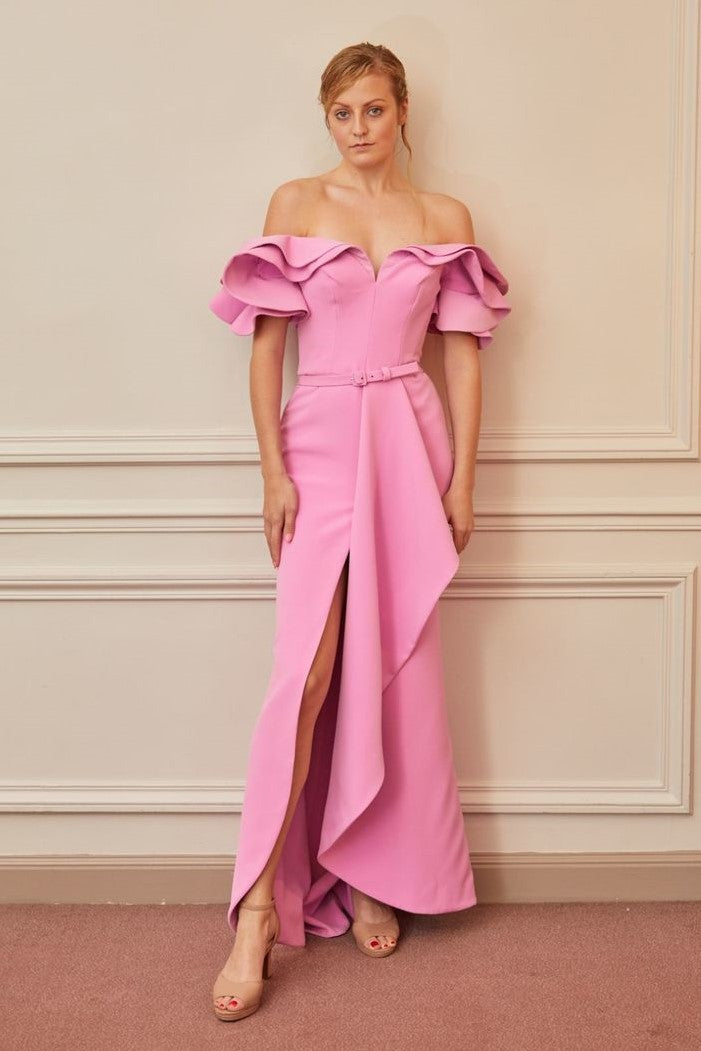 Ruffled Sleeve Off Shoulder Gown