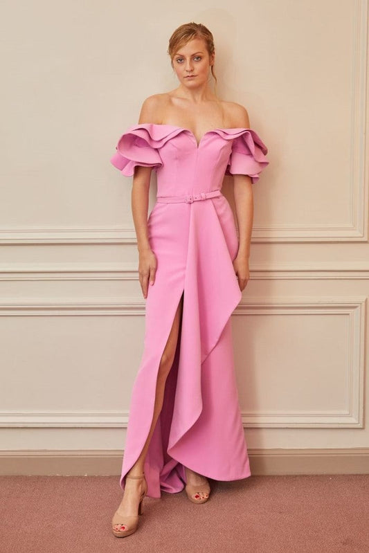 Ruffled Sleeve Off Shoulder Gown